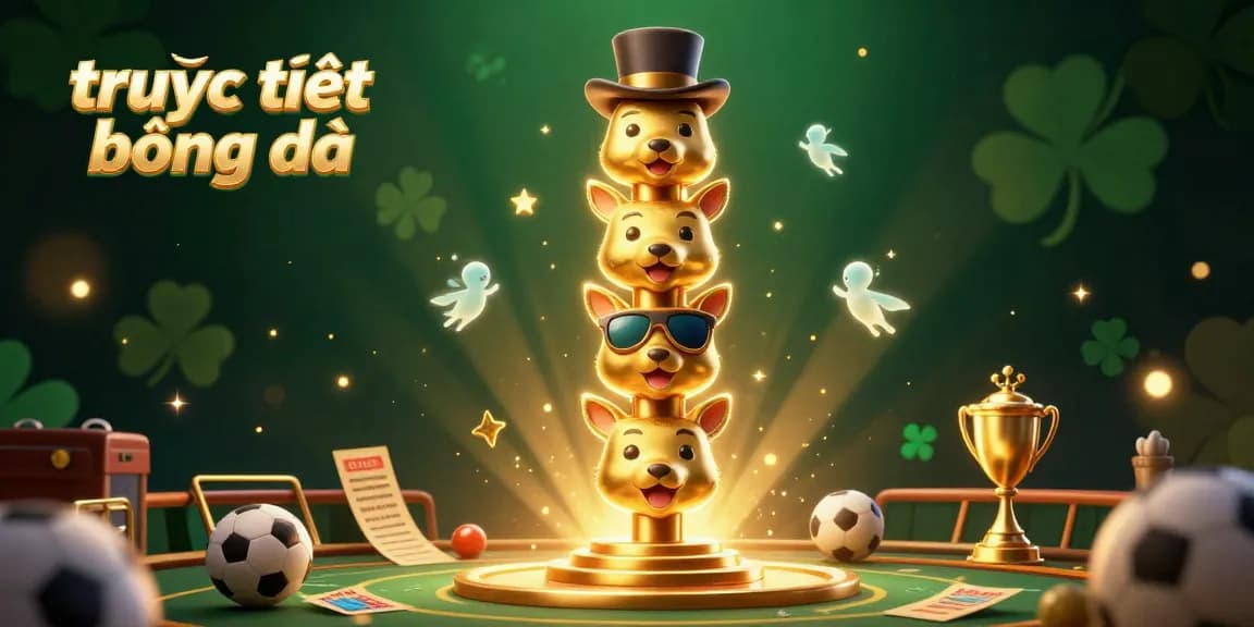 Bet on trực tiếp bóng đá with energetic sports elements surrounding a vibrant totem pole illustration.