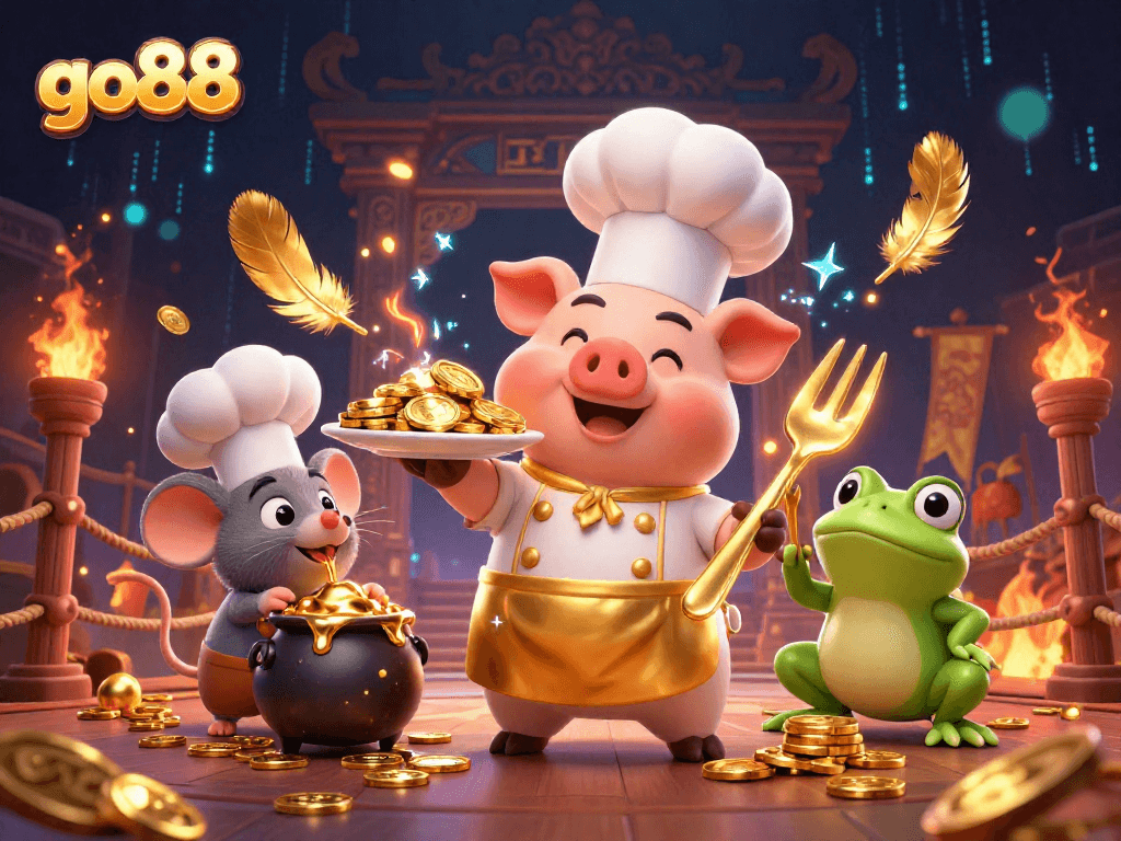 Engage with go88's thrilling jackpot games, featuring vibrant scenes of victory with playful characters and gold rewards.