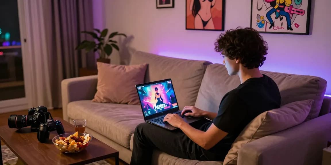 Immersive sex simulator gaming scene in cozy living room.