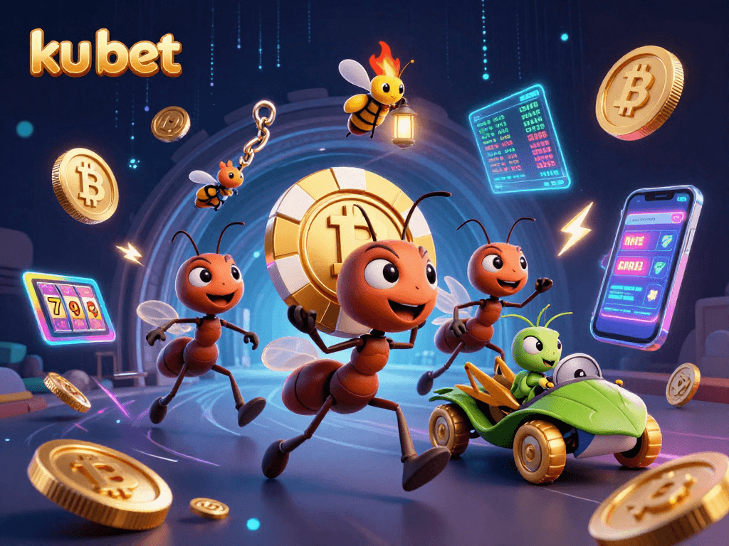 Engage in vibrant gameplay with ku bet's 3D ants heisting poker chips in a digital casino.