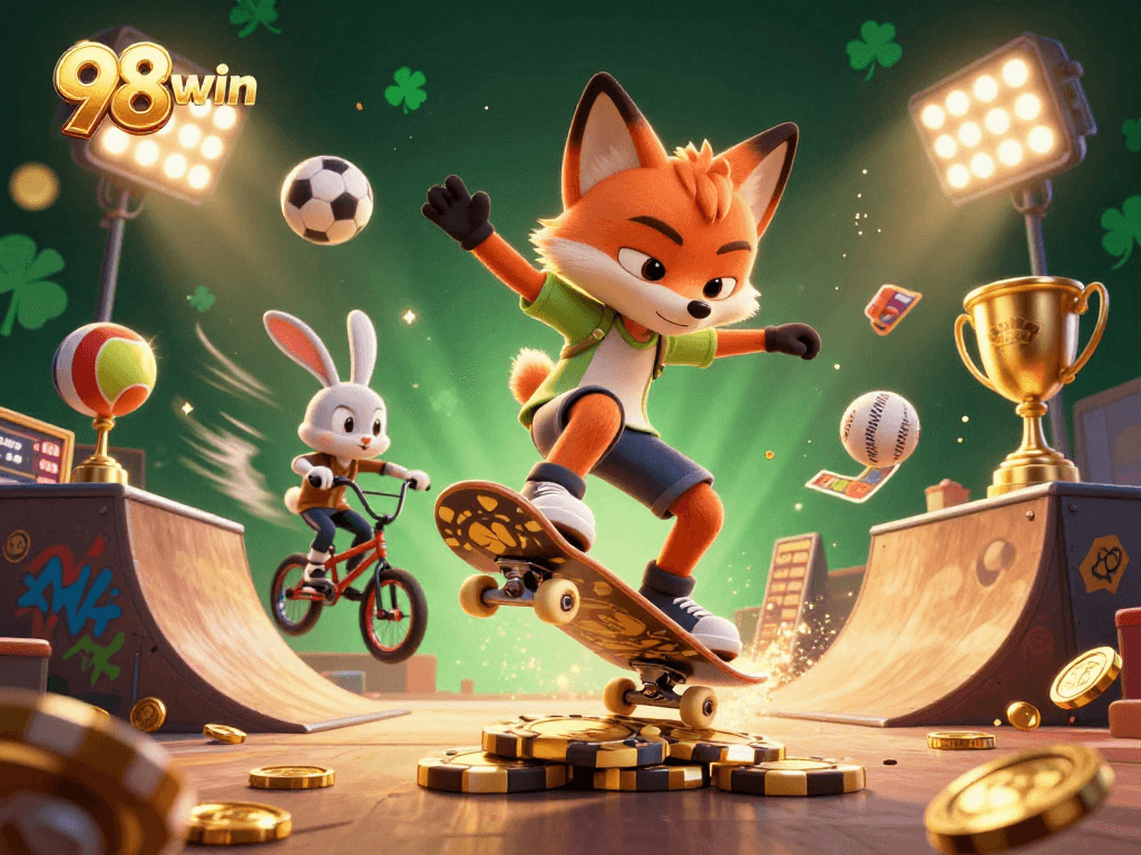 Experience 98win excitement with fox and rabbit in dynamic casino illustration featuring sports and gambling elements.