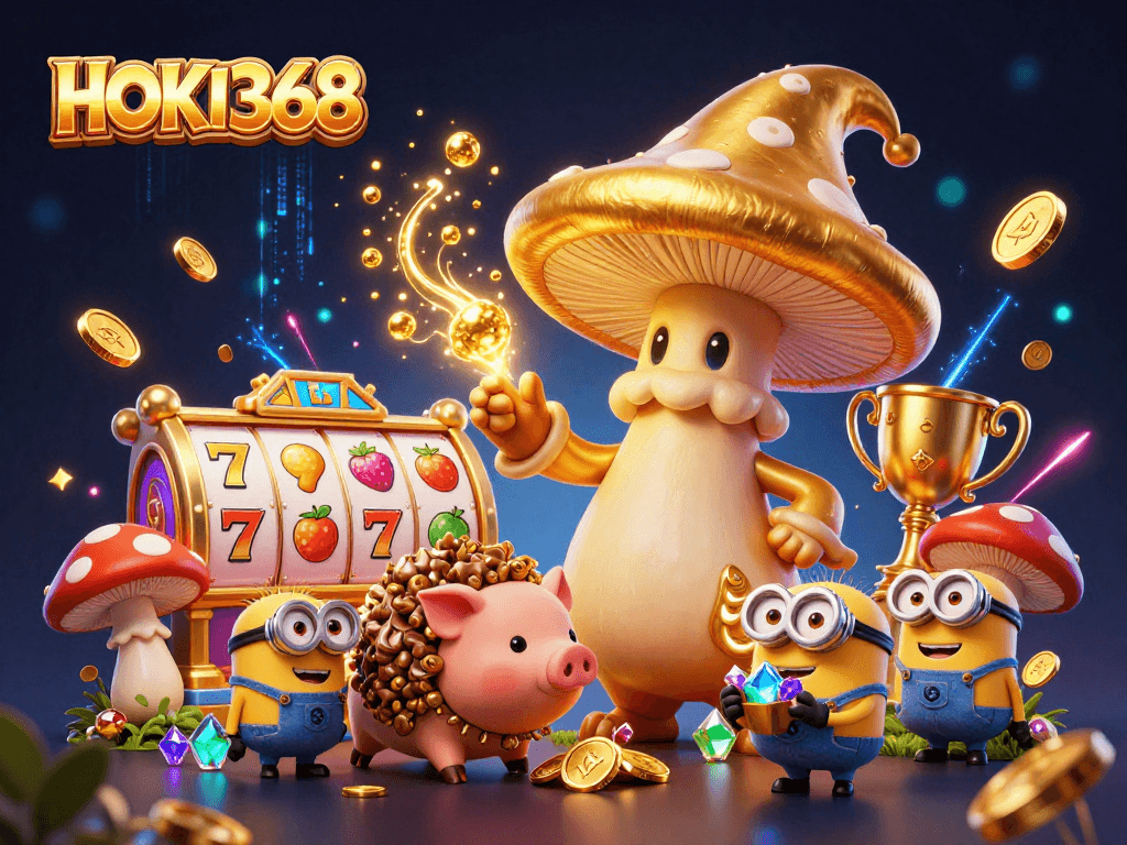 Experience the magic of HOKI368 with golden wonders and thrilling gameplay in this vibrant illustration.