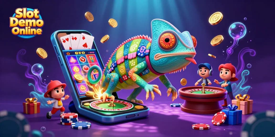 Engage with Slot Demo Online in this vibrant 3D casino scene featuring colorful games and gold coins.