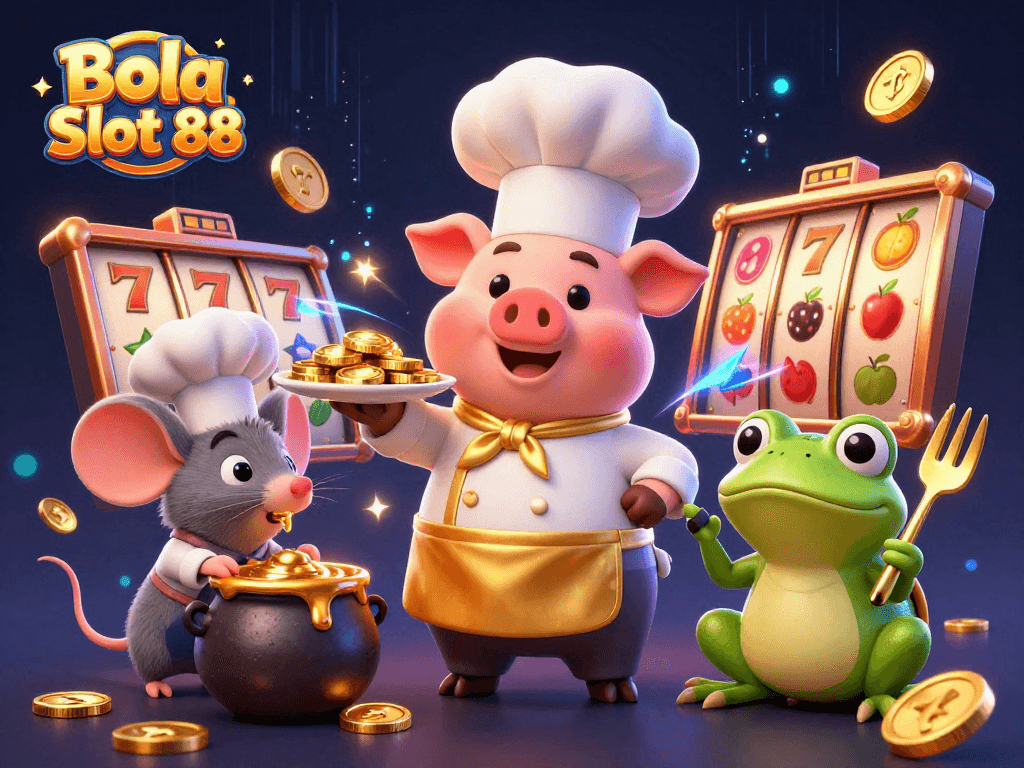 Bola Slot 88 offers an engaging casino scene where cartoon characters celebrate wins with gold coins and slot reels.