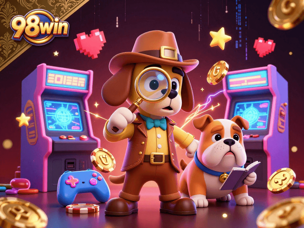Engage with thrilling gameplay at 98win as detectives uncover winning clues amid glowing casino elements.
