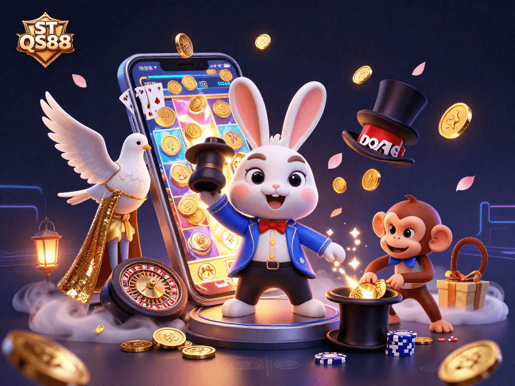 Engage in thrilling gameplay with ST QS88's dynamic casino scene featuring golden coins and poker chips.