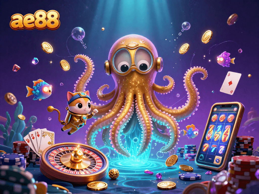 Engage with ae88 and explore the thrilling atmosphere of a colossal kraken, diving cat, and dazzling casino elements.