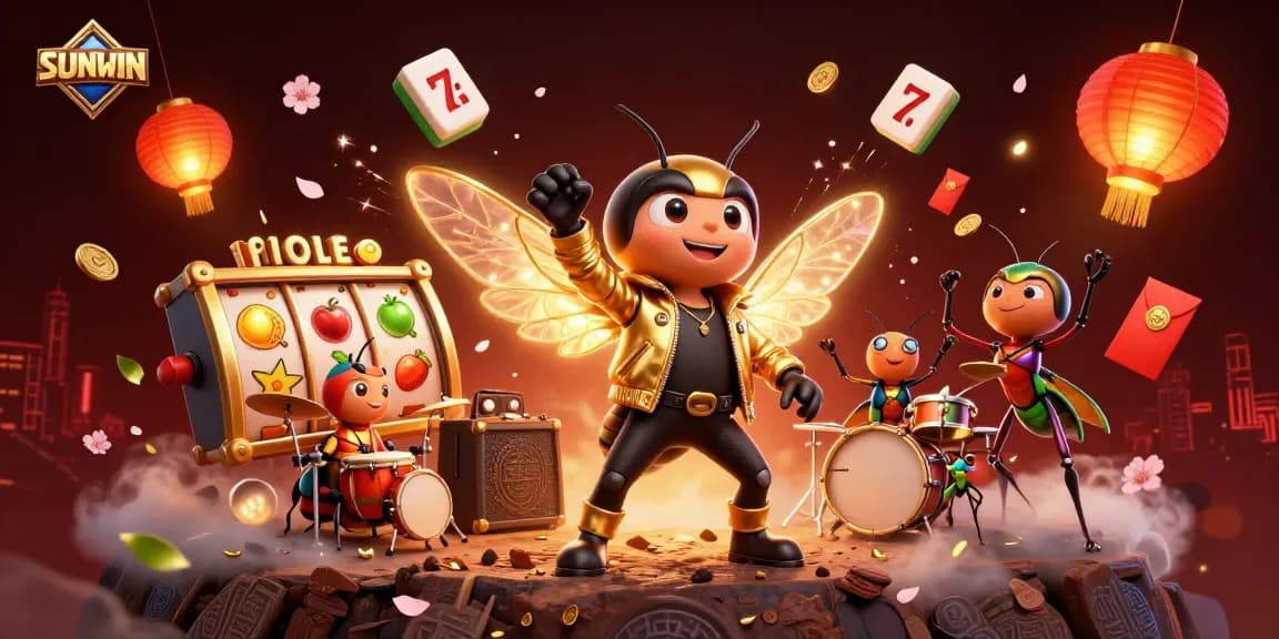 Catch the thrill at SUNWIN with a vibrant scene of a cicada rock star and slot reels spinning.