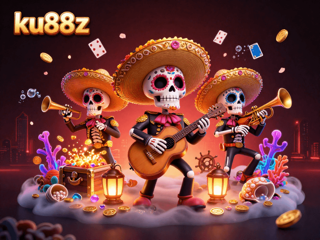 ku88z showcases a vibrant mariachi band in an underwater casino explosion of treasure and playing cards.
