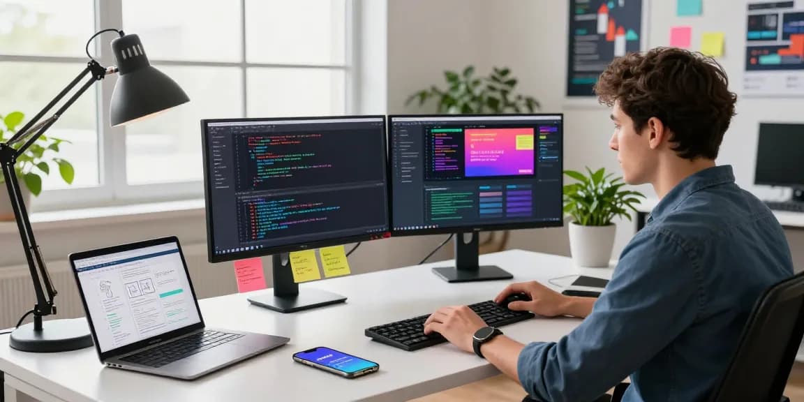 Software engineer coding in a modern workspace, showcasing crushon ia with vibrant screens and sleek tech.