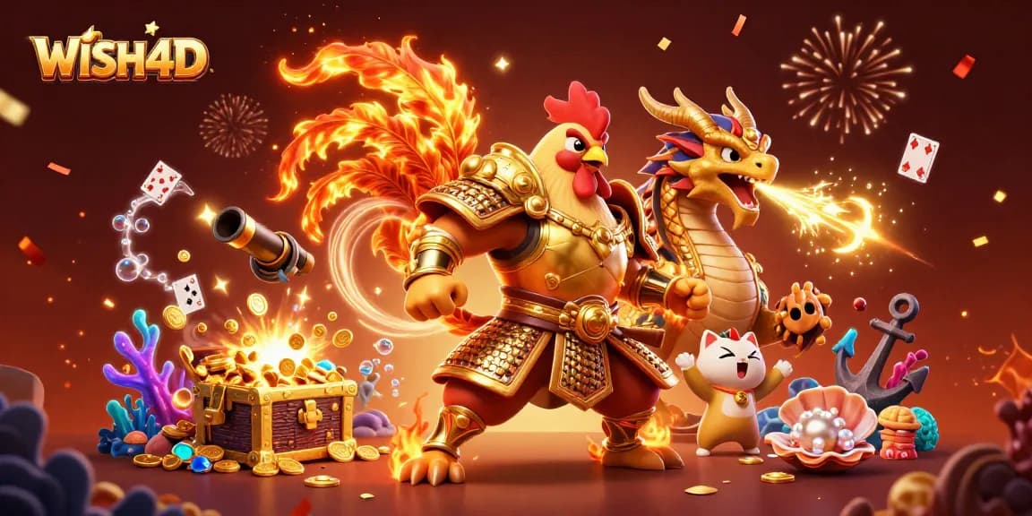 Engage in exciting gameplay with WISH4D, featuring a cartoon rooster and a dragon in a vibrant casino scene.
