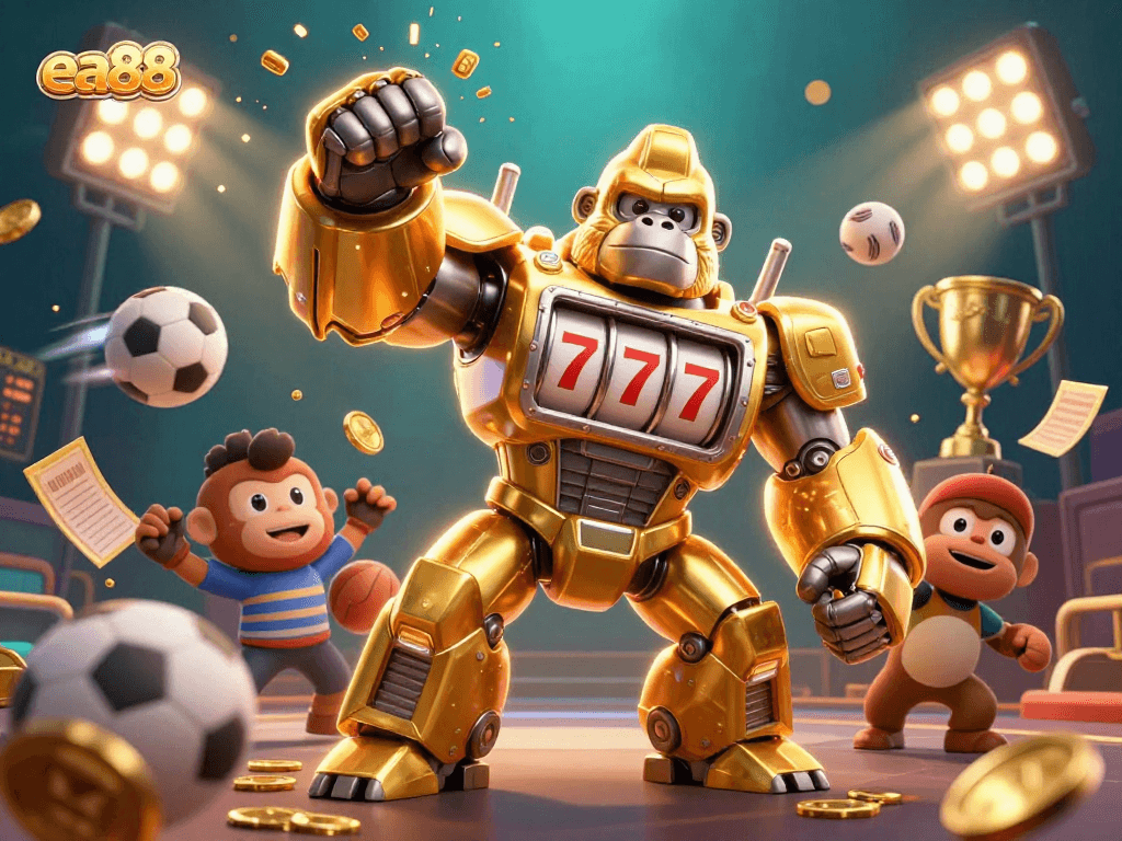 ea88 showcases a golden gorilla mech winning big with vibrant sports gambling elements.