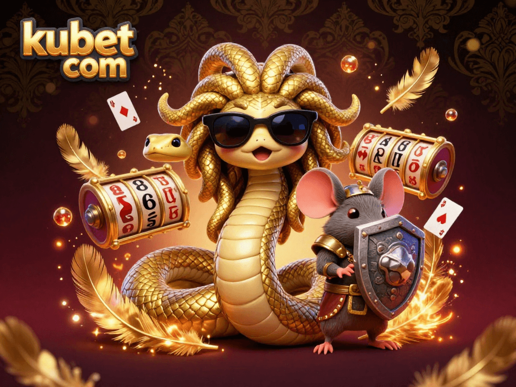 Experience excitement at kubet com with a lively 3D casino illustration featuring Medusa, a warrior mouse, and dynamic gaming elements.