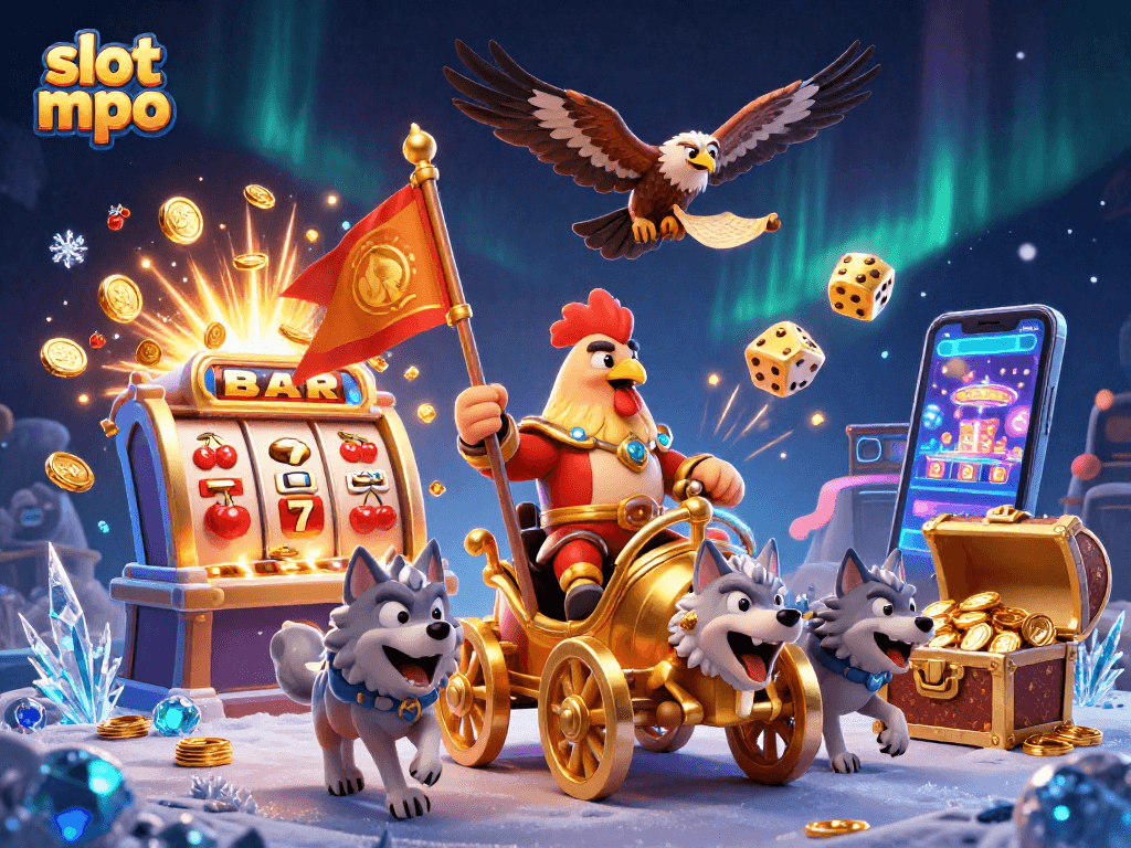 Meraih kemenangan dengan slot mpo, ilustrasi mesin slot dan karakter menarik di dunia casino digital.