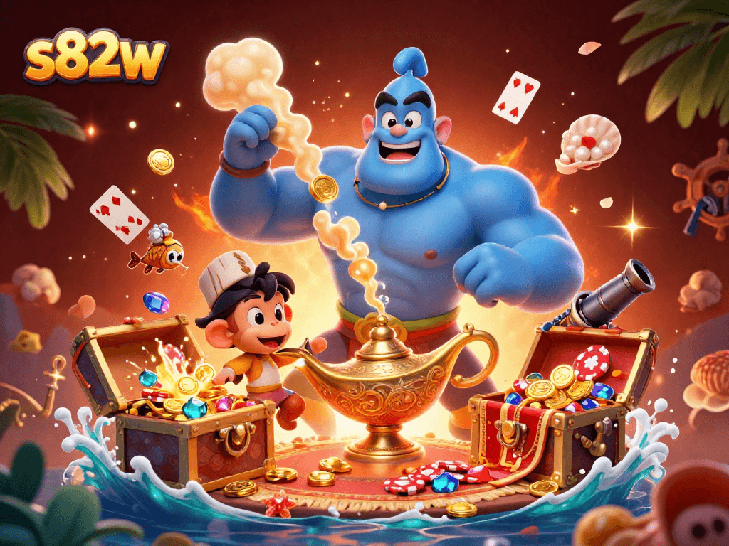 S82w players enjoy thrilling wins with a magical genie, poker chips, and underwater treasures in an engaging casino scene.