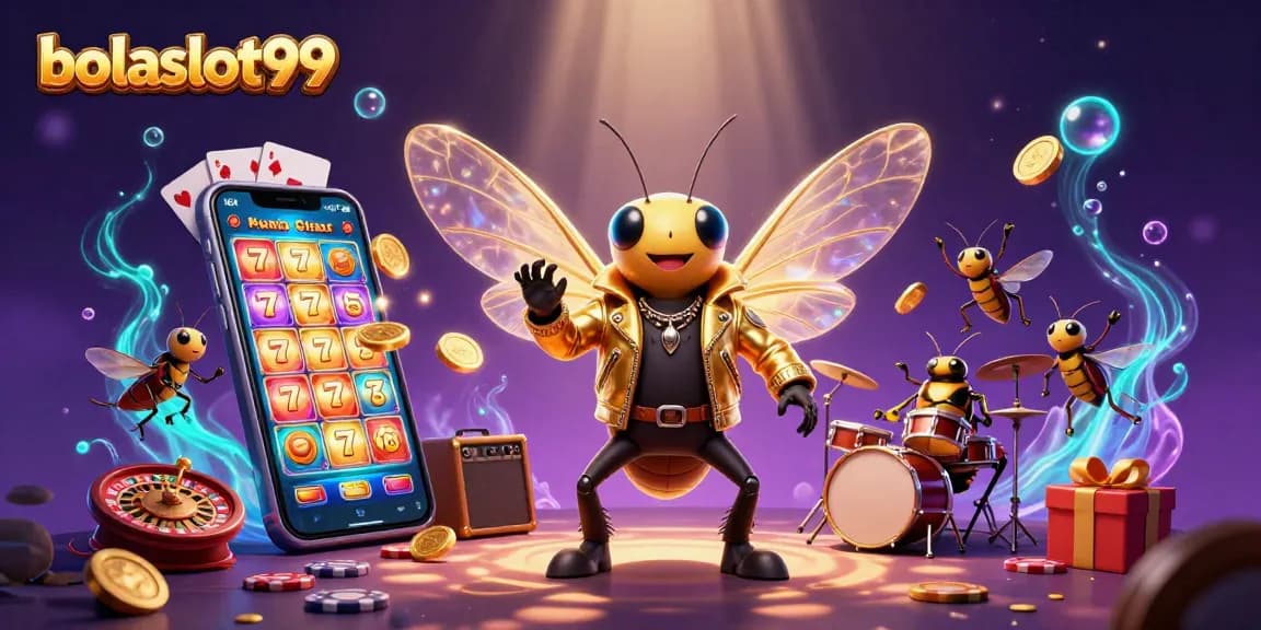 Experience the thrill of bolaslot99 with a vibrant casino scene showcasing spinning slots and coin eruptions.