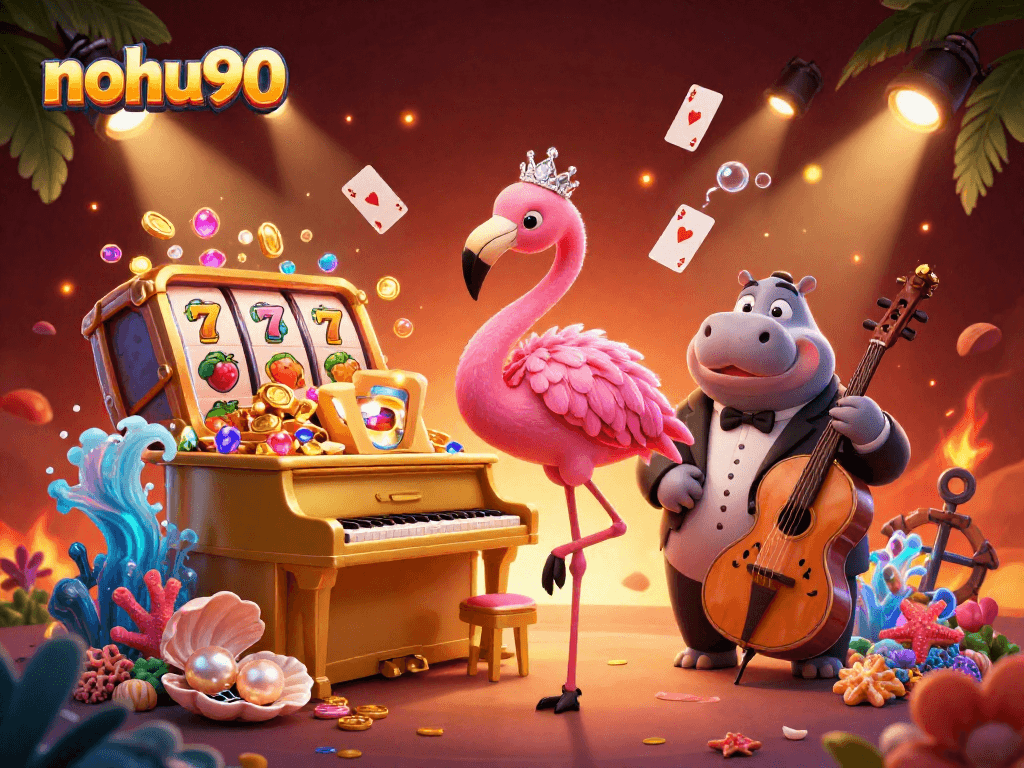 Experience nohu90 with dynamic slot games and vibrant 3D casino characters in an immersive illustration.