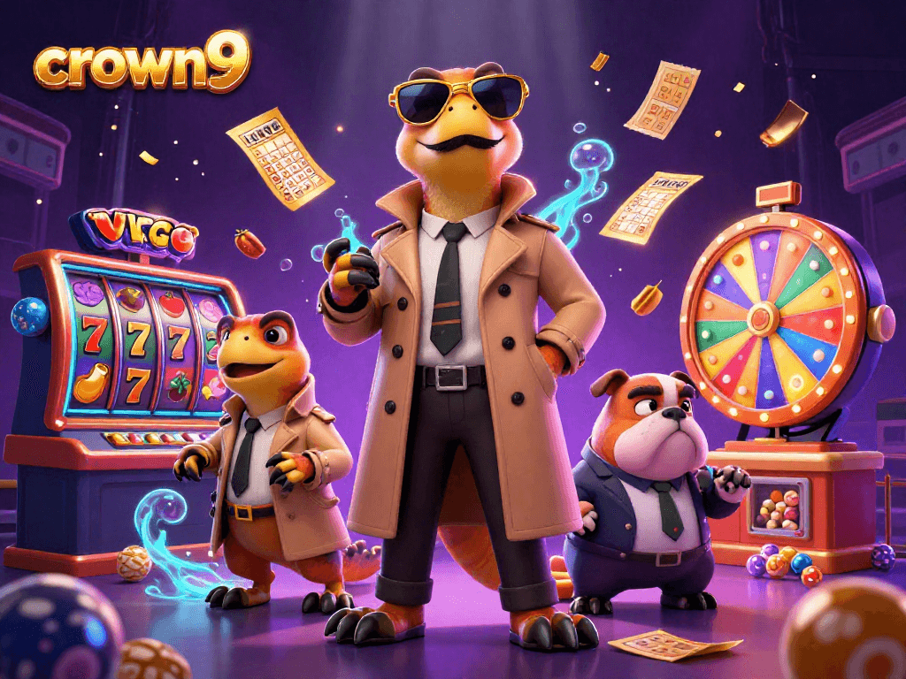 Experience fun gaming moments with crown9 in a vibrant, cartoonish casino scene.
