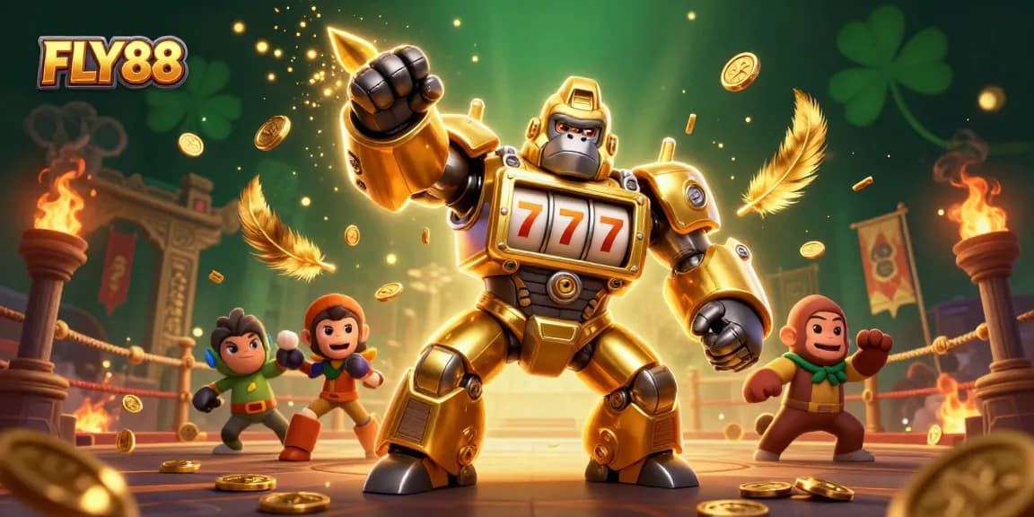 Experience thrilling gameplay at FLY88 with a golden gorilla mech and captivating slot elements.