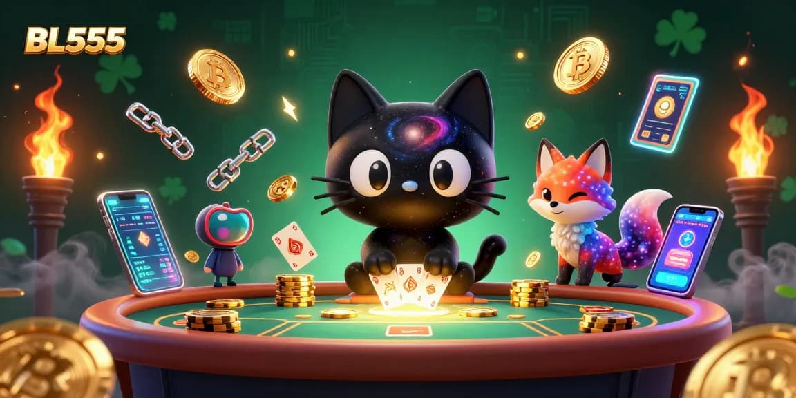 Engage with BL555's cosmic casino featuring a black hole cat attracting golden chips and cards.