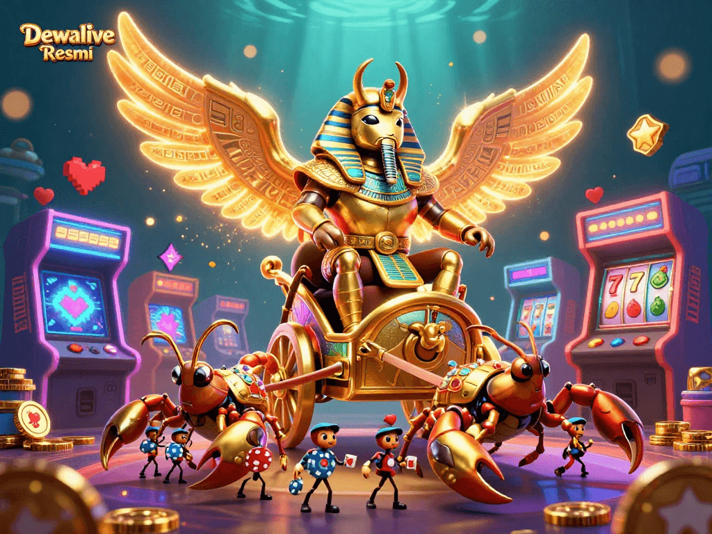 Dewalive Resmi showcases a vibrant scene with a colossal golden scarab and thrilling slot elements.
