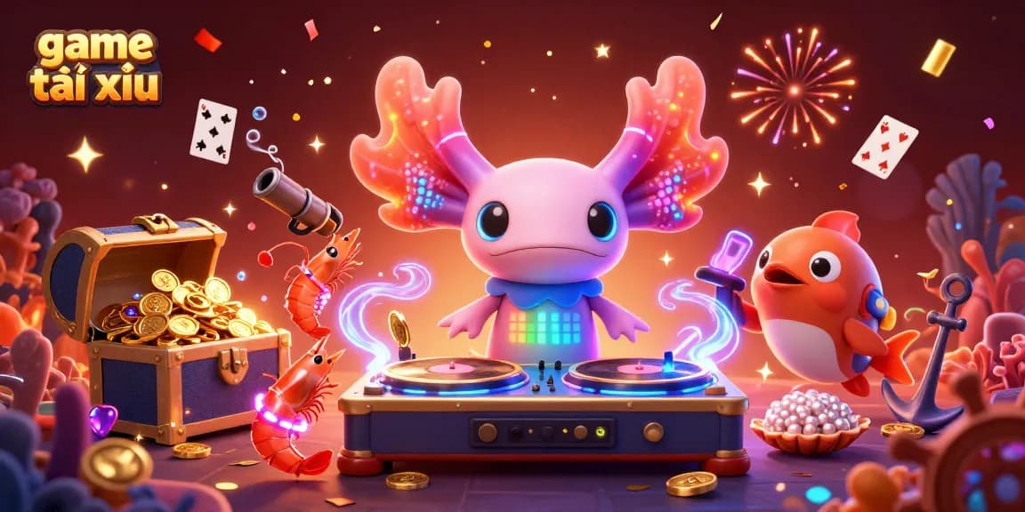 Experience the excitement of game tài xỉu with vibrant illustrations of unique underwater characters celebrating winnings in a vibrant scene.
