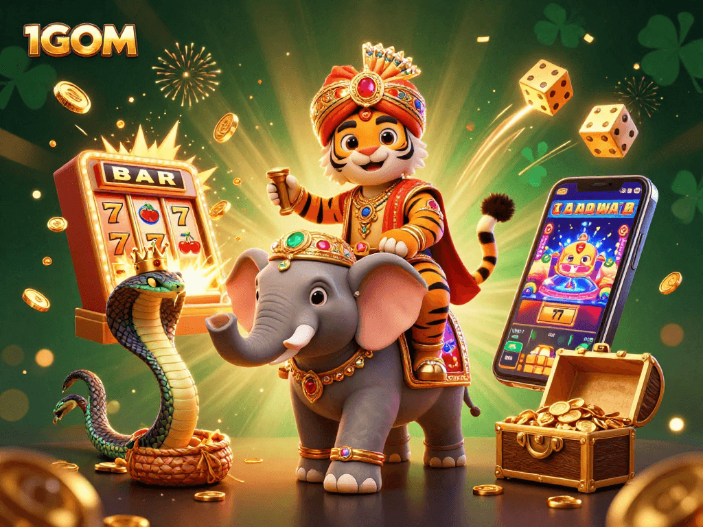 Engage with 1GOM's vibrant gambling scene featuring a vibrant maharaja on an elephant amidst casino-themed excitement.