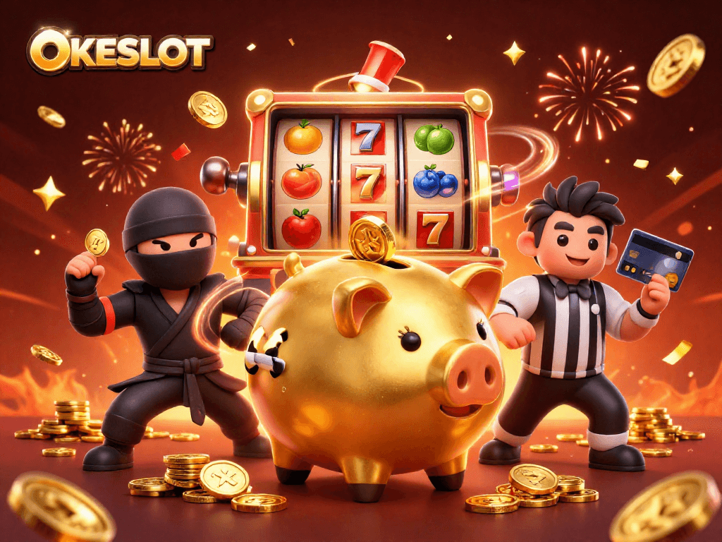 OKESLOT menampilkan petualangan menarik dengan simbol slot dan koin emas yang berhamburan.