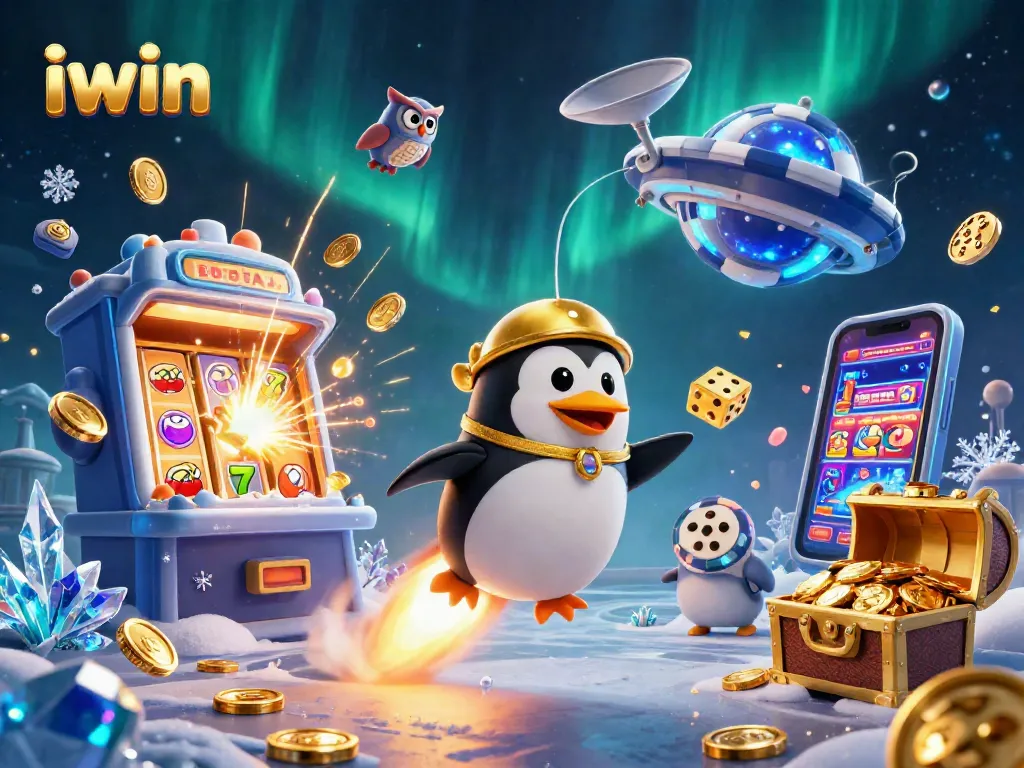 Experience iwin's thrilling casino adventure with a golden penguin and jackpot excitement in vibrant space.