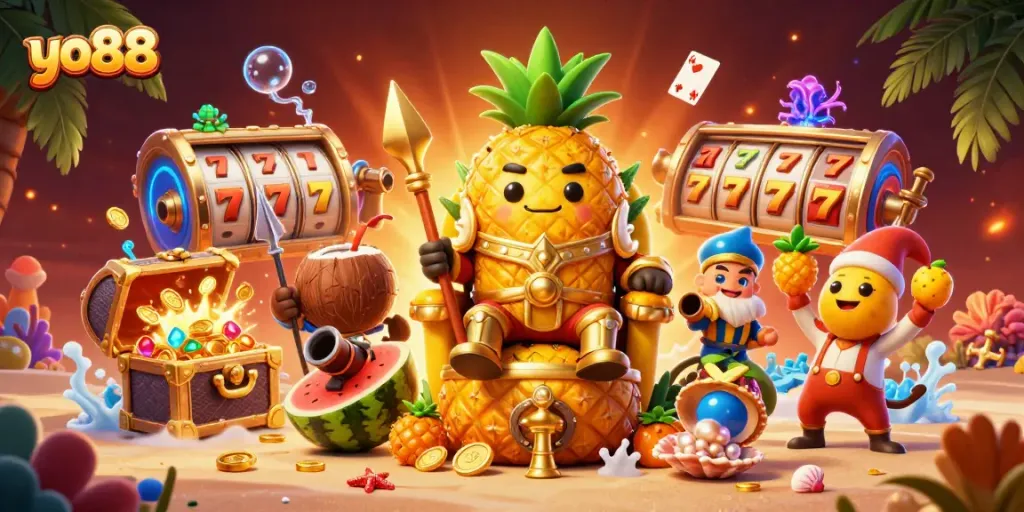 Experience the vibrant action of yo88 with golden elements, slot machines, and lively characters in a beach casino