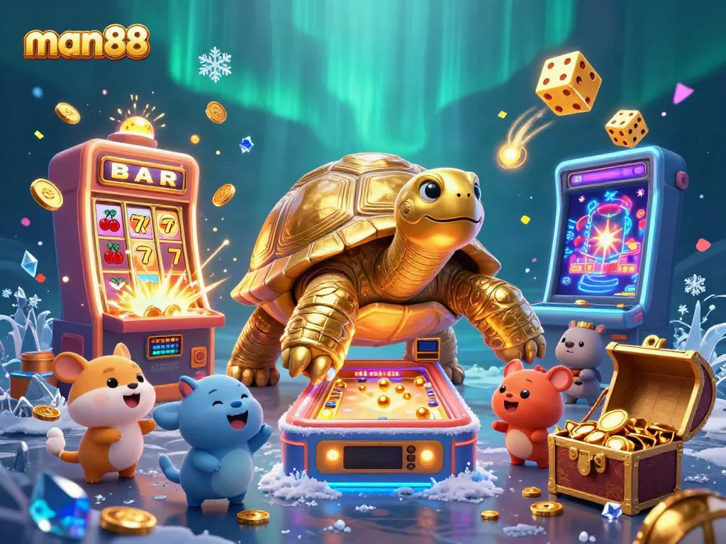 Players engage with man88's exciting casino games, depicted with vibrant 3D cartoon elements and dynamic scenes.