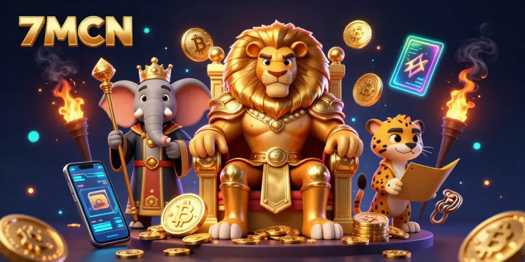 Engage with 7MCN as cartoon lion king and allies rule a vibrant crypto casino scene.