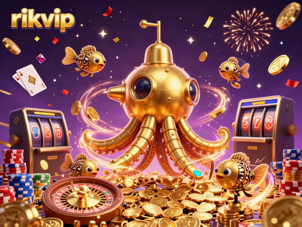 Experience the excitement of rikvip with a vibrant underwater scene featuring a golden kraken, coins, and casino elements.