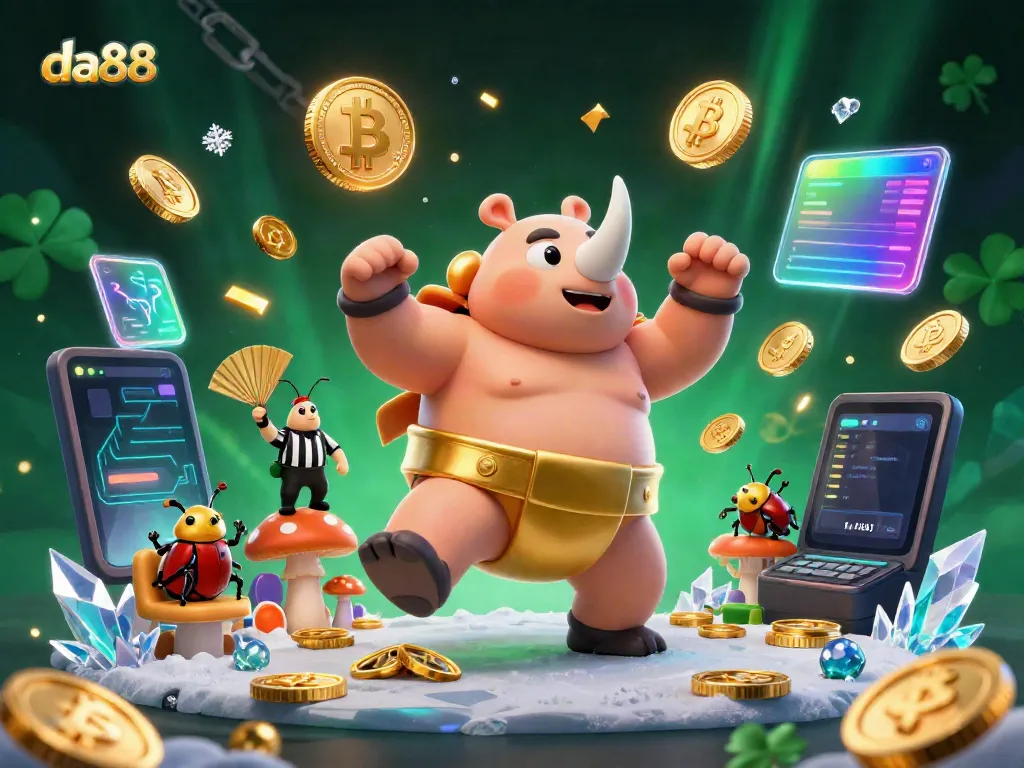 Engage in thrilling gameplay with da88, featuring a dynamic sumo beetle champion amid gold coins and crypto prizes.