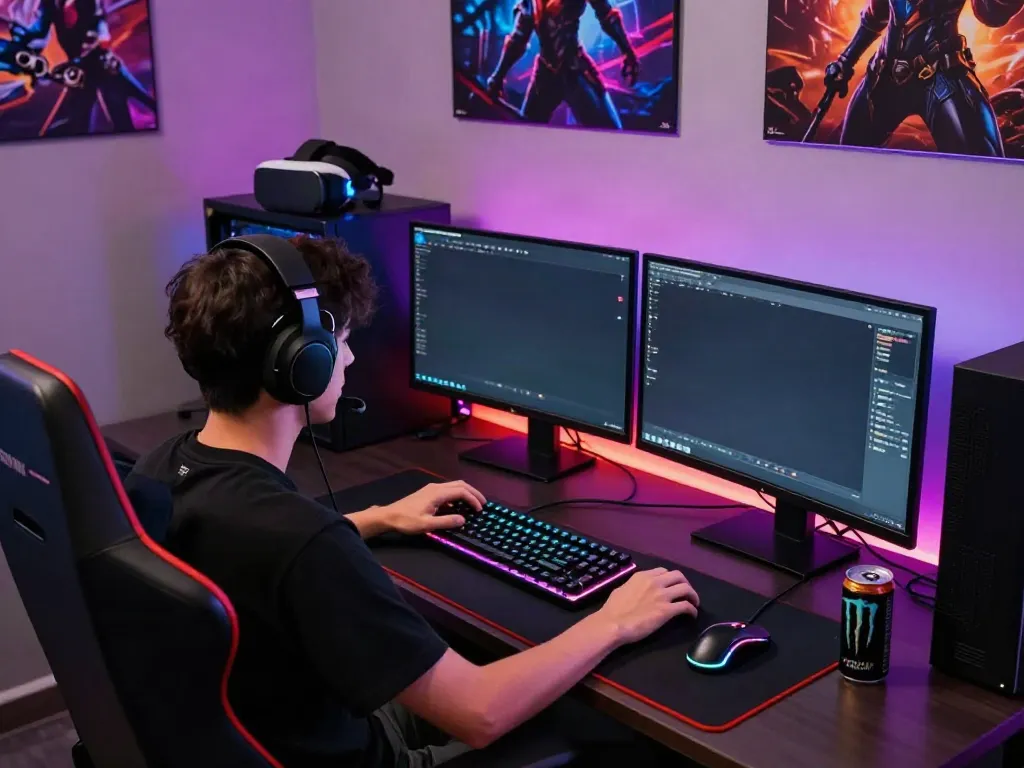 Engaging online gaming scene at https://man881.jp.net/ with a player focused on dual monitors and colorful setup.
