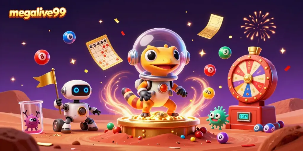 Permainan megalive99 dengan gecko Mars dan rover robot di kasino emas yang tertimbun pasir Merah.