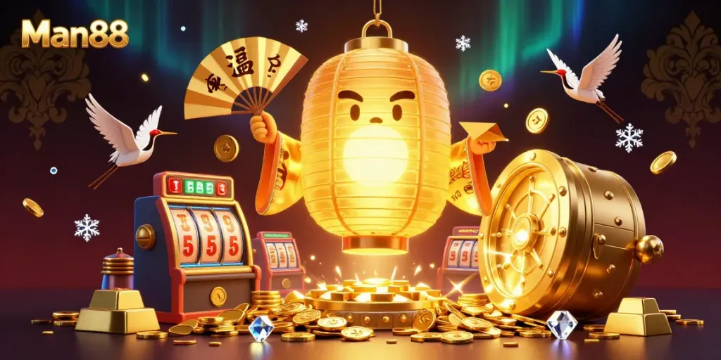 Engaging Man88 casino scene showcasing golden lantern spirit with jackpot elements, creating a vibrant gambling atmosphere.