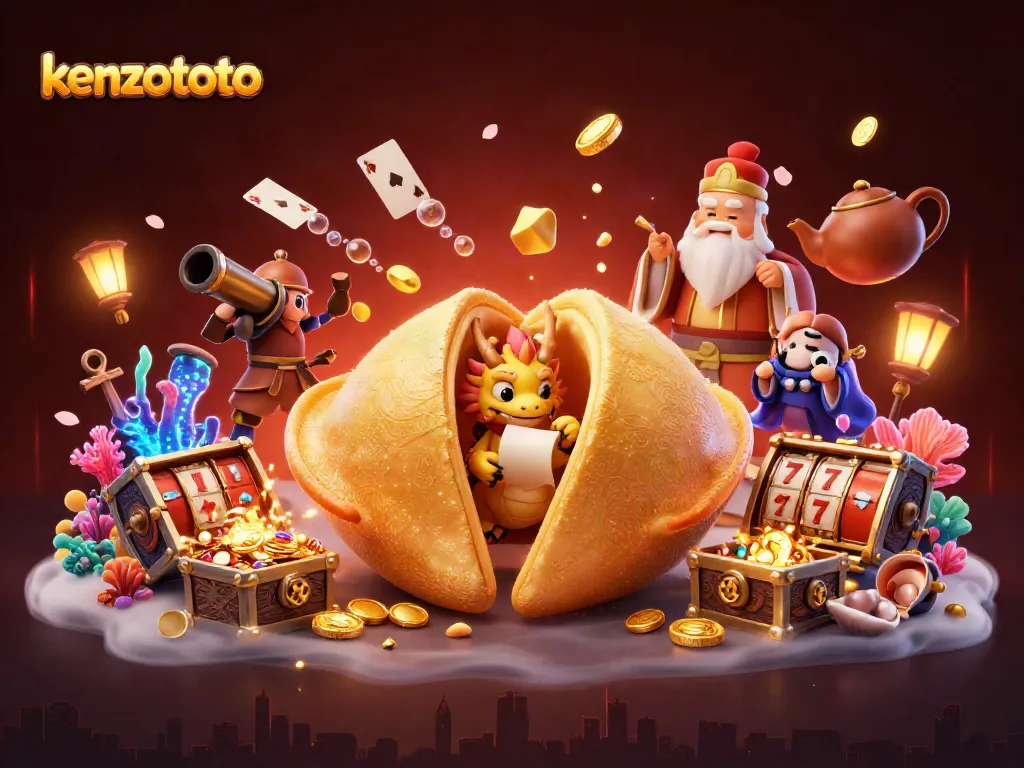 Experience the excitement of kenzototo with a vibrant 3D casino scene featuring slot reels and golden treasures.