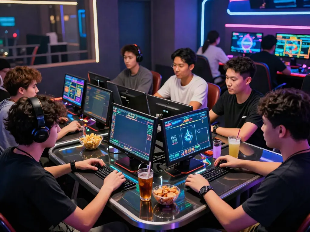 Exciting bandar togel gaming scene depicting enthusiastic players in a vibrant lounge.