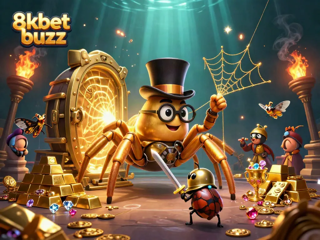 Experience thrilling adventure at 8kbet buzz as a brave knight faces a golden tarantula in a vibrant casino scene.