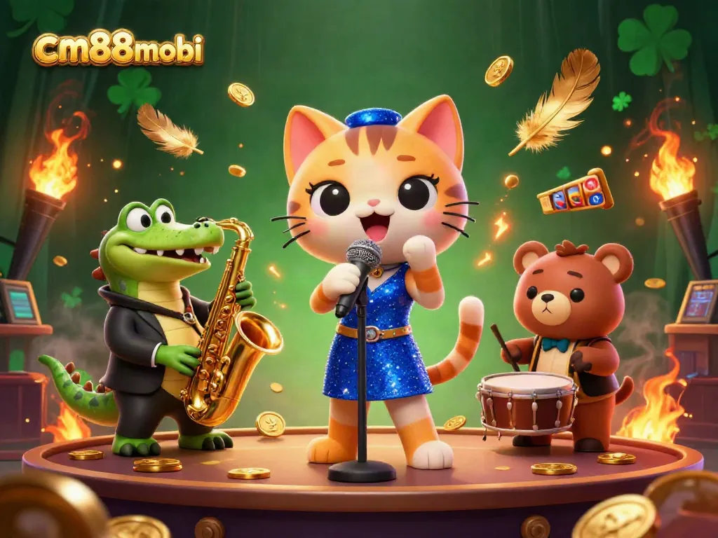 Engage with the thrilling atmosphere at cm88mobi showcasing lively characters, casino elements, and vibrant colors.
