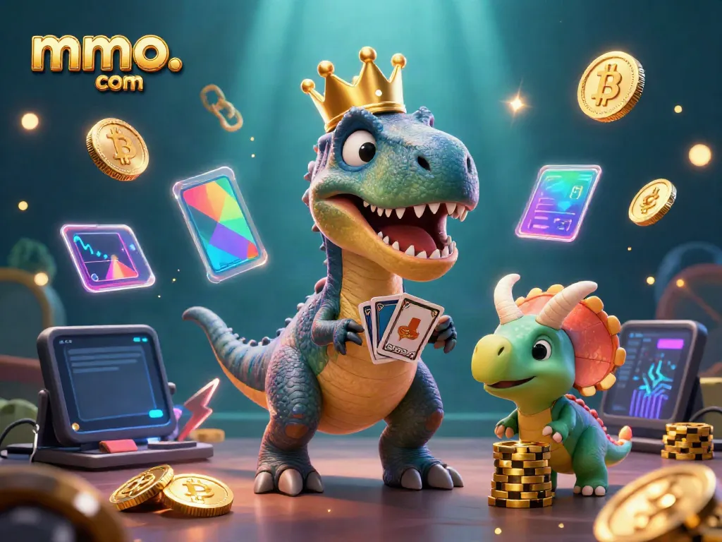 Engage with mmoo.com through a vibrant casino scene featuring friendly dinosaurs and crypto elements.