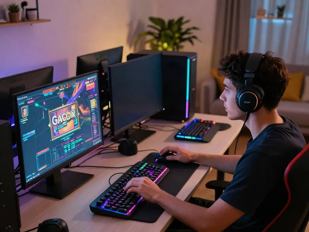 Player engaging in slot gacor hari ini gaming on a vibrant setup with multiple screens.
