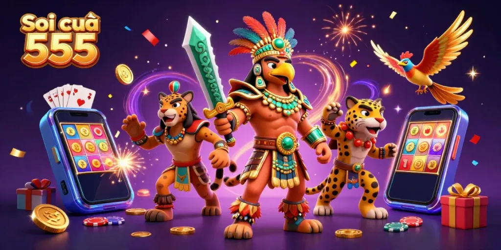 Engage in the excitement of lottery with Soi cầu 555, featuring animated characters amidst vibrant gaming elements.