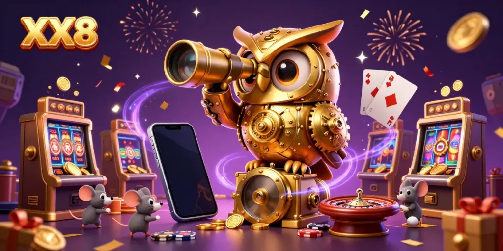 Join the adventure at XX8, featuring a cartoon owl overseeing vibrant casino activities, with golden coins and live games.