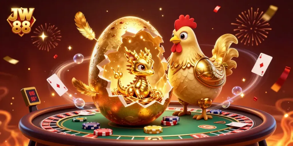 Elevate your gaming with JW 88's vibrant golden dragon guarding casino treasures.