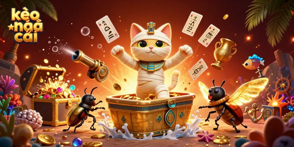 Engage with kèo nhà cái in an exciting 3D casino scene featuring an Egyptian mummy cat and glowing scarab beetle.