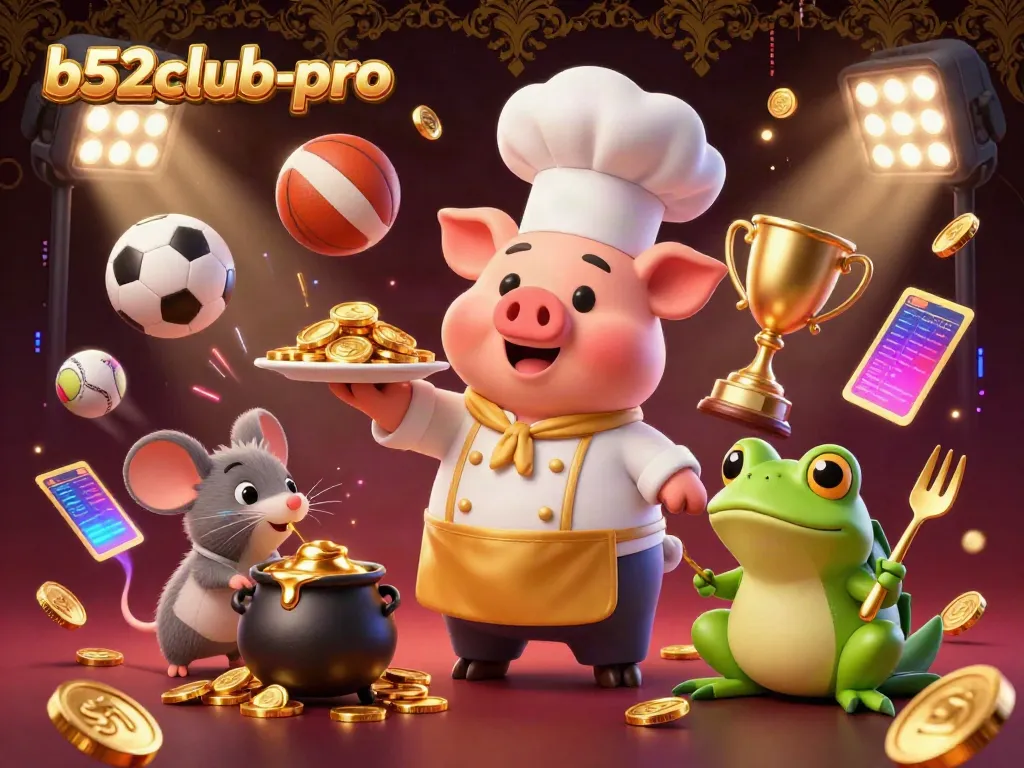 Experience the excitement with b52club-pro, where a chef pig serves gold coins in a vibrant casino setting.