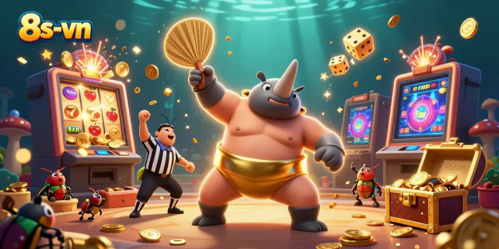 Engage with thrilling moments in 8s-vn as a beetle champion celebrates a casino jackpot.