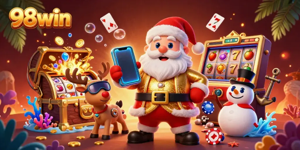 Join the fun with 98win's festive casino scene featuring Santa and interactive game elements.
